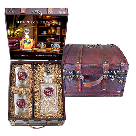 Florida State University FSU Logo Heritage Decanter with 3D Chief Osceola and 2 Glasses with Chest Box