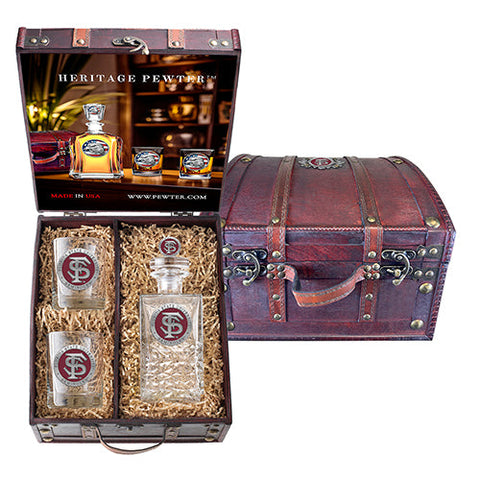 Florida State University FS Logo Heritage Decanter with 3D Top and 2 Glasses with Chest Box