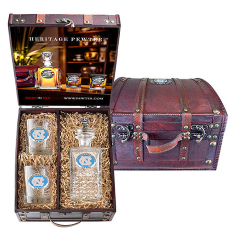 University of North Carolina Heritage Decanter with 3D Top Ram Bighorn and 2 Glasses with Chest Box