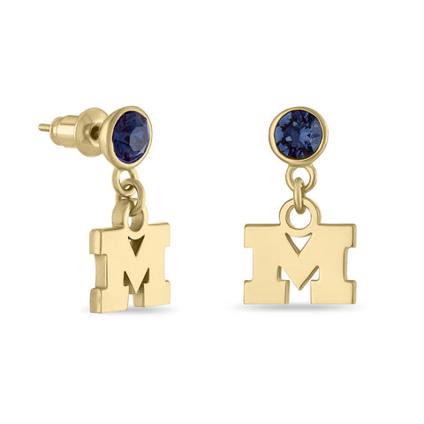 Michigan Wolverine Earrings Crystal Drop 18K Gold Finish